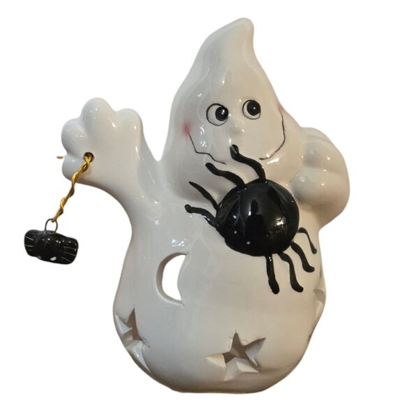 Ceramic Ghost and Spider Tea Light Holder Halloween Decor Candleholder - Picture 1 of 16